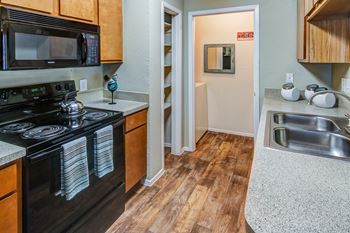 Modern kitchen with stove and pantry access